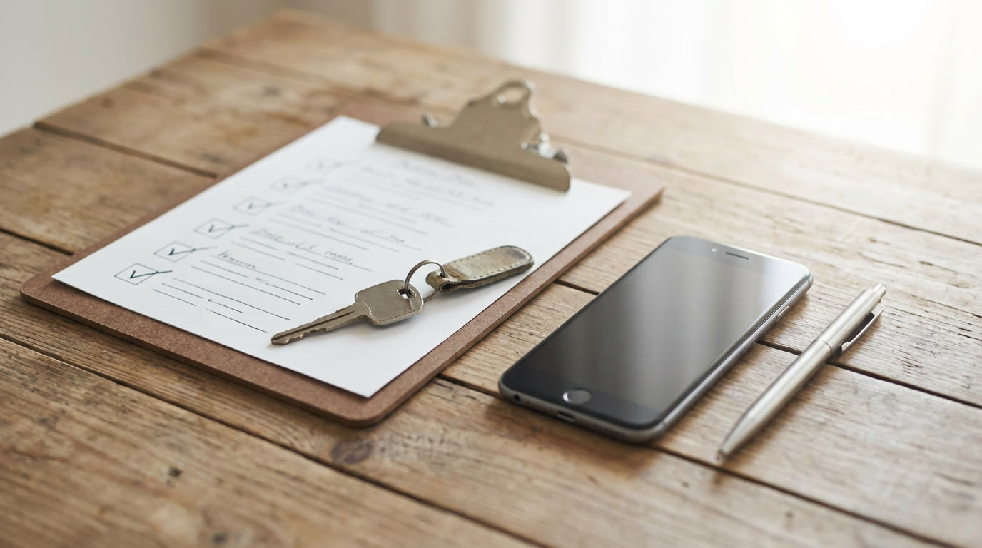 A clipboard with a checklist, a car key, a smartphone and a pen on a wooden table