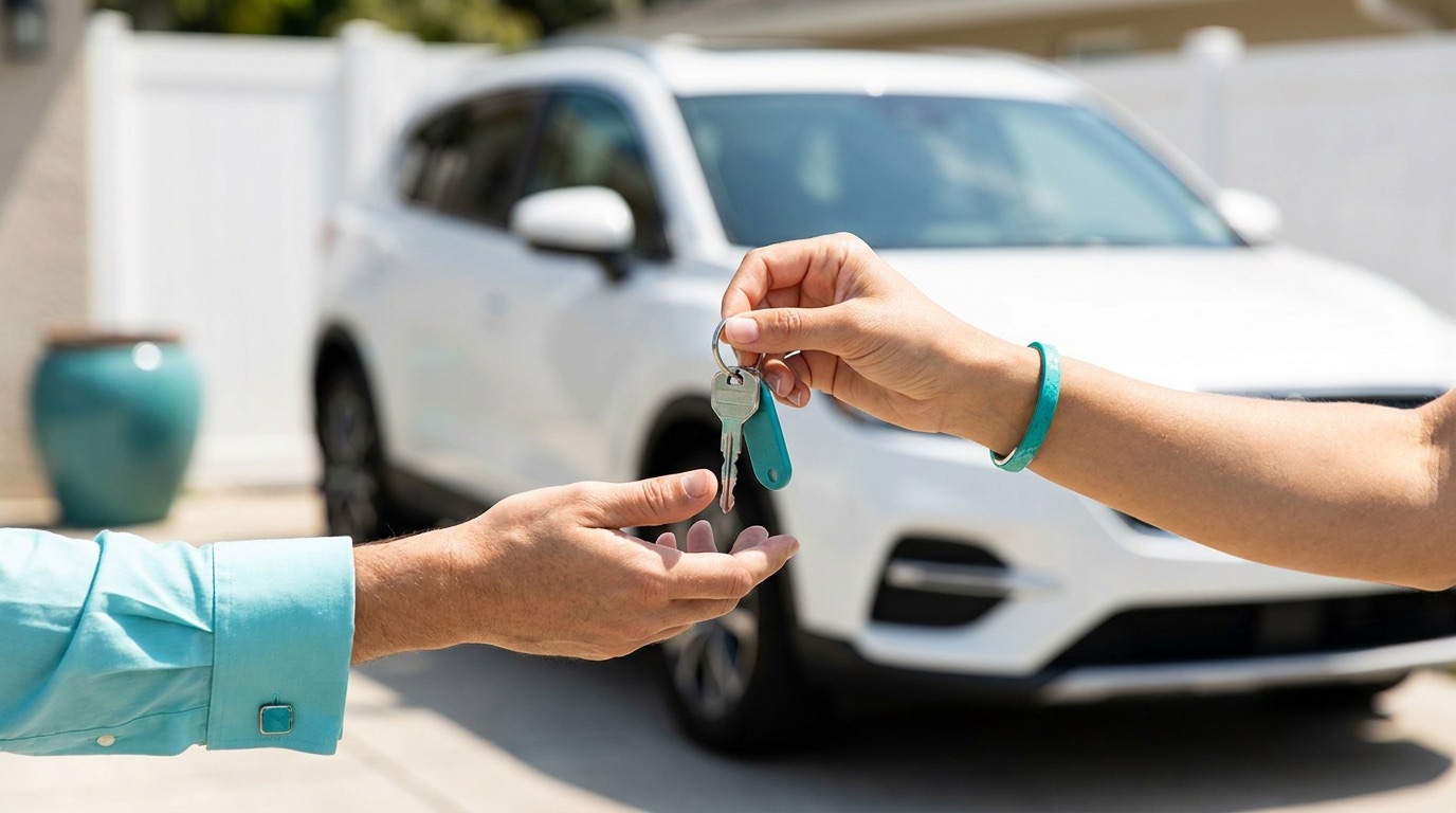 Two hands exchanging car keys in front of a white SUV