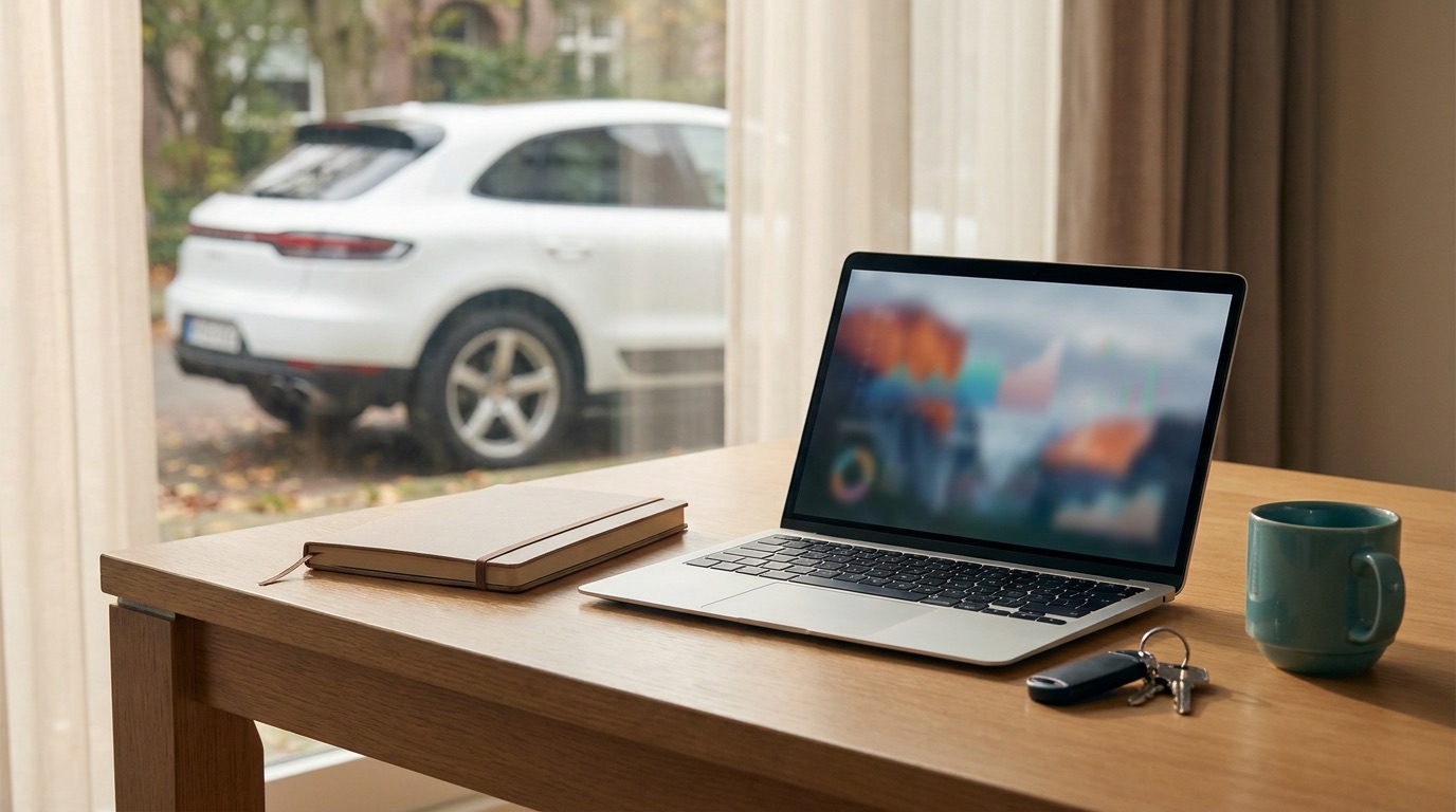 A laptop with a spreadsheet, car keys and a notebook on a desk, with a white SUV outside the window