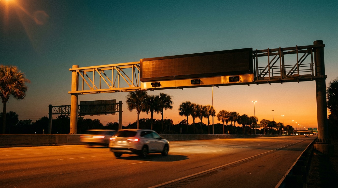 A white SUV driving under a toll gantry at dusk
