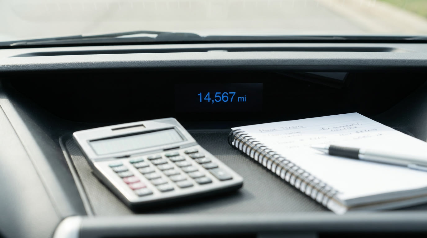 A car odometer with a calculator and a notepad on the dashboard