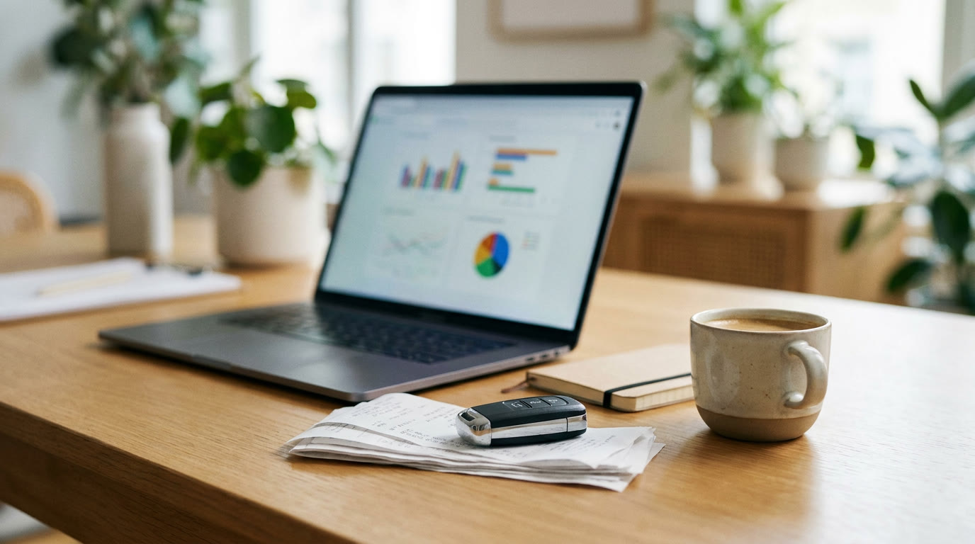 A laptop with charts, paper receipts, a car key and a coffee on a wooden desk